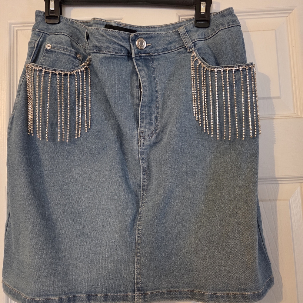 Refuge Denim Mini Skirt with Rhinestone Fringe